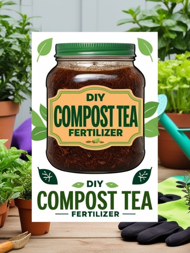 A vibrant poster showcasing a steaming jar of compost tea, surrounded by fresh banana peels, coffee grounds, and eggshells, set against a lush green garden backdrop.